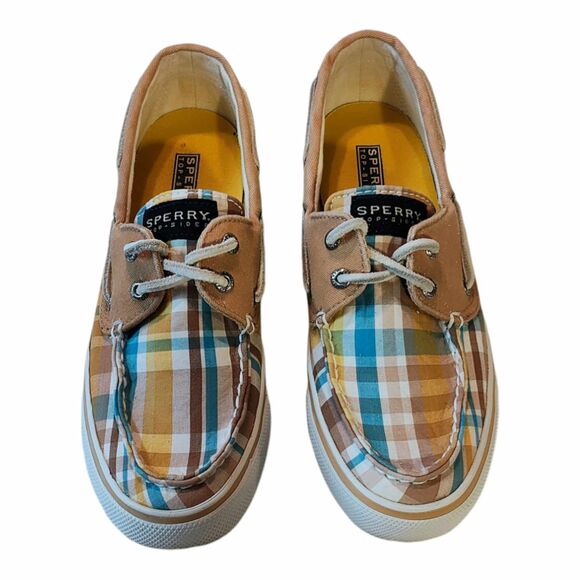 Sperry Top Sider Bahama Boat Shoe Womens Size 7 Brown Camel Plaid Canvas Slip On - Picture 2 of 14